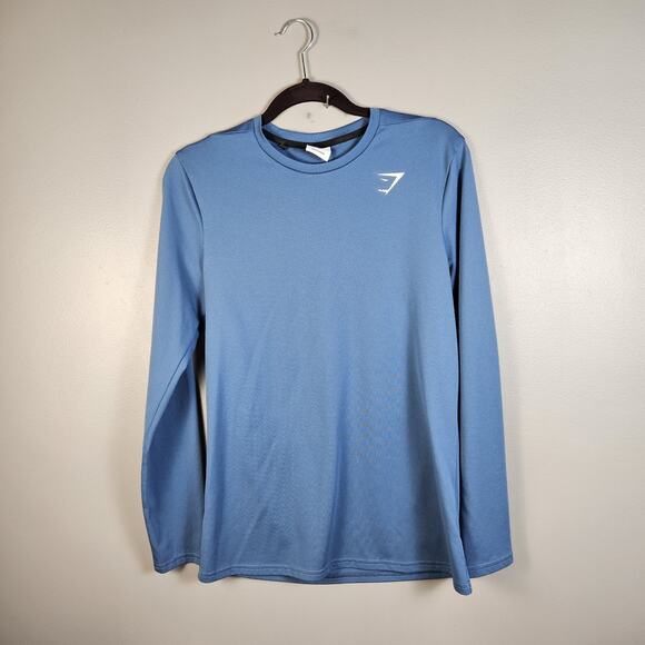 Gymshark Arrival Shirt Mens Blue Long Sleeve Shirt Size S Stretch Gym Run Slim - Picture 1 of 5